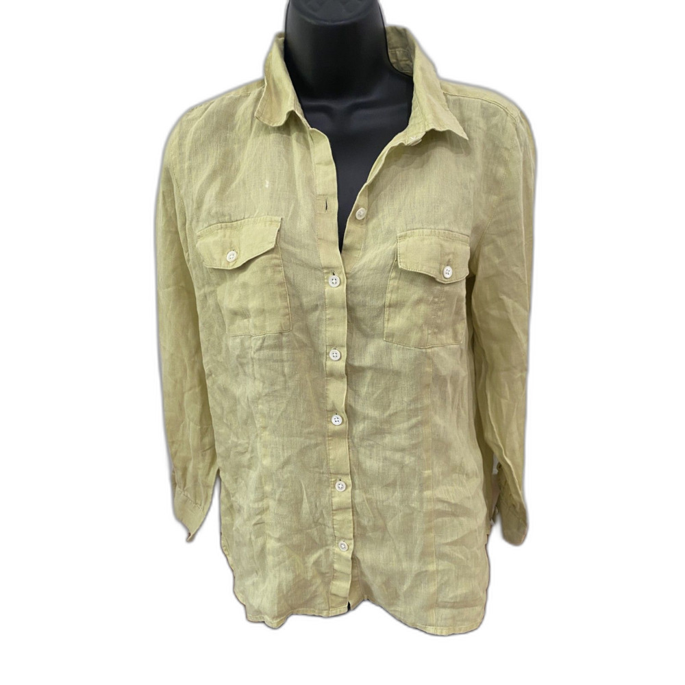 J. Jill Love Linen SMALL Top Button Up Shirt Classic Staple Collared Garden